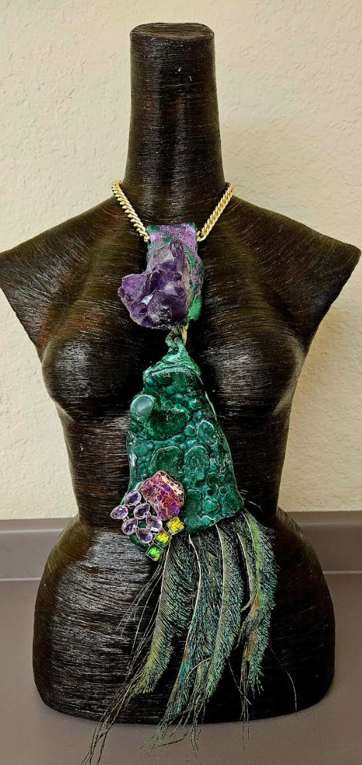 Avant Garde Malachite Amethyst & Peacock Sword Feather Chest Piece - Theatrical Purple and Green Gemstone Statement Necklace - Artisan Haute Couture Jewelry for Photoshoots - Kat Kouture Jewelry