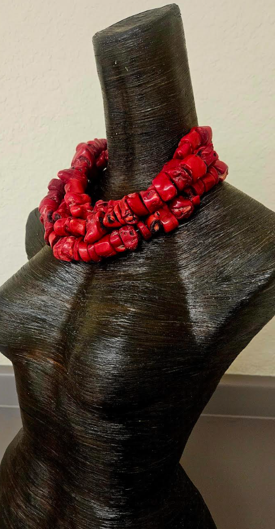 Triple Strand Bold Chunky & Heavy Red Coral Nugget Statement Necklace - Wealthy Socialite Mermaid Neck Candy - Haute Couture Shell Choker - Kat Kouture Jewelry