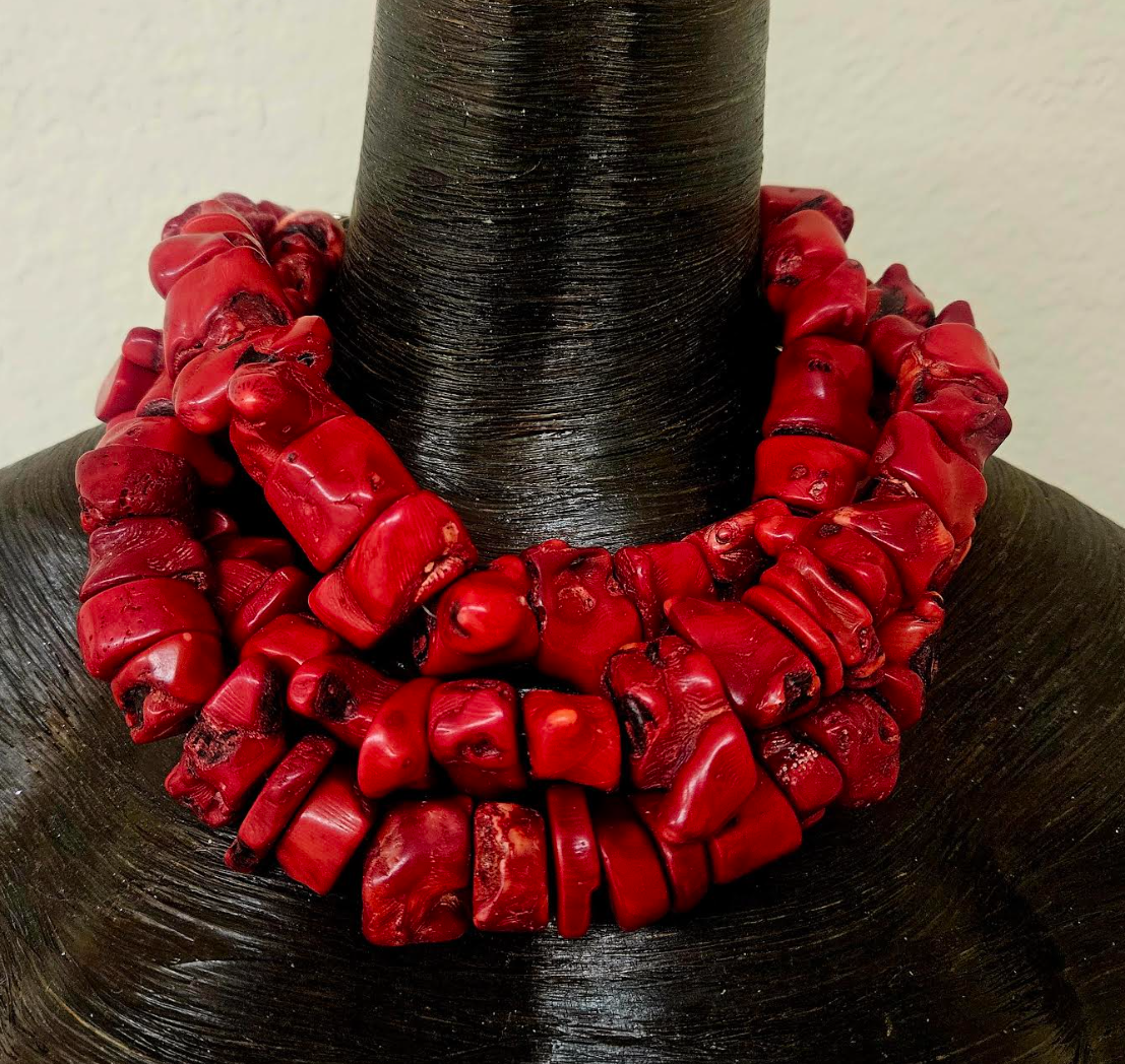 Triple Strand Bold Chunky & Heavy Red Coral Nugget Statement Necklace - Wealthy Socialite Mermaid Neck Candy - Haute Couture Shell Choker - Kat Kouture Jewelry