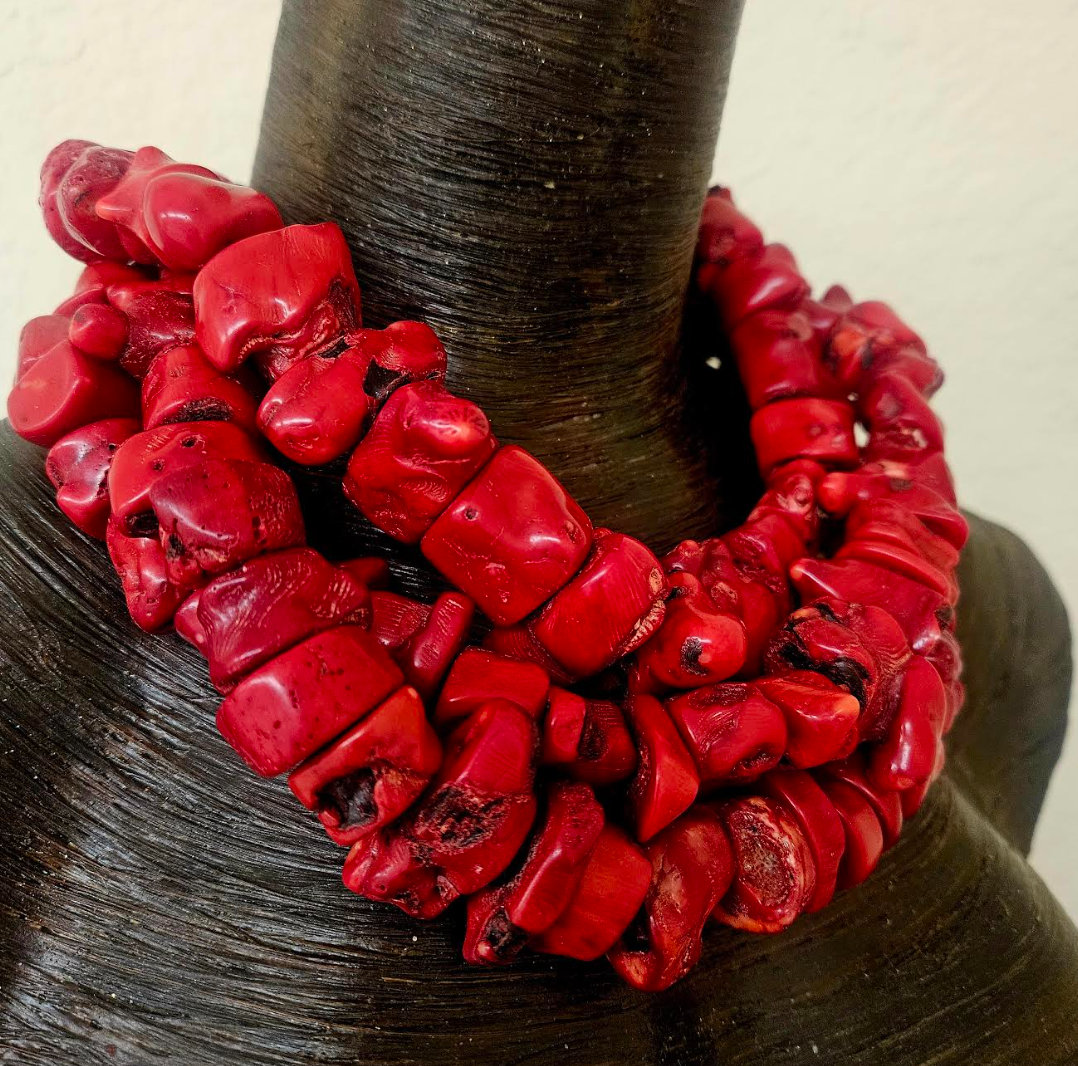 Triple Strand Bold Chunky & Heavy Red Coral Nugget Statement Necklace - Wealthy Socialite Mermaid Neck Candy - Haute Couture Shell Choker - Kat Kouture Jewelry