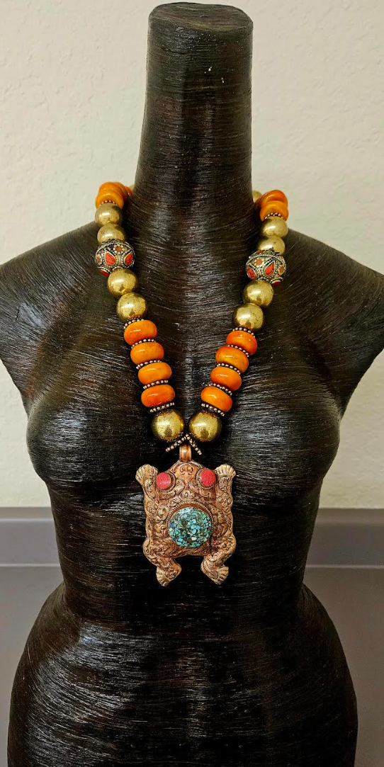 High End Tribal Beaded Statement Necklace Set with Tibetan Repousse Frog Pendant - Orange Gold & Red Luxury Beaded Bib Necklace - Kat Kouture Jewelry