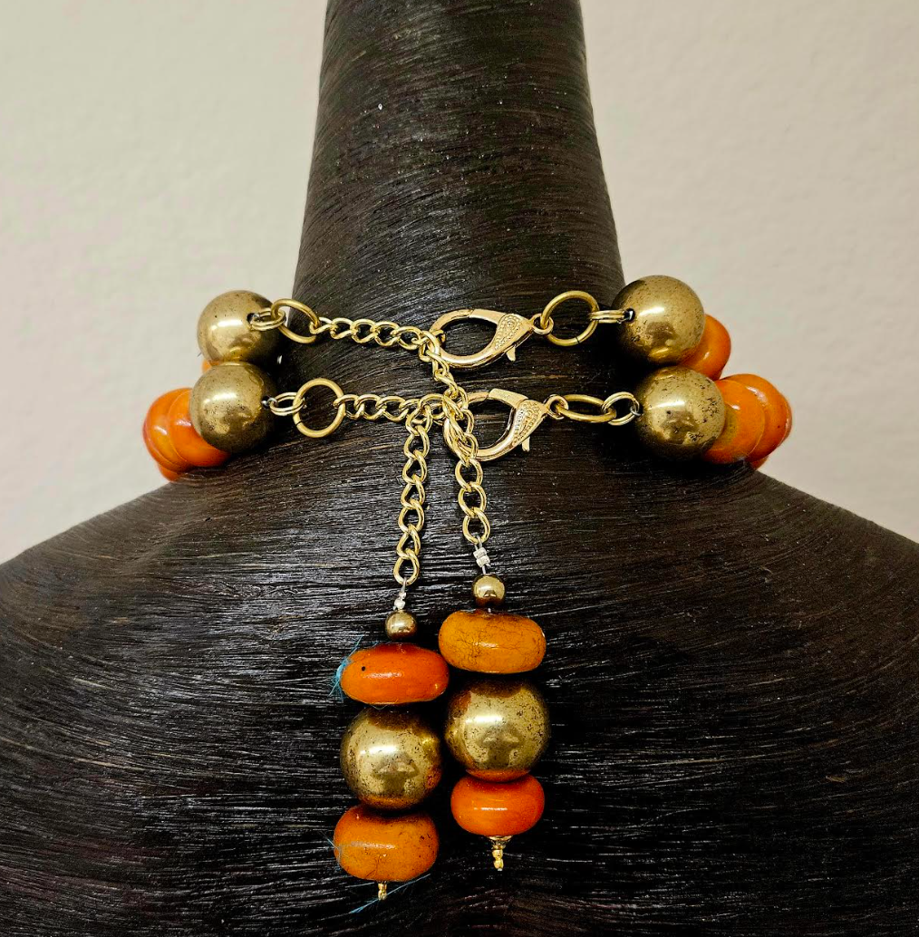 High End Tribal Beaded Statement Necklace Set with Tibetan Repousse Frog Pendant - Orange Gold & Red Luxury Beaded Bib Necklace - Kat Kouture Jewelry