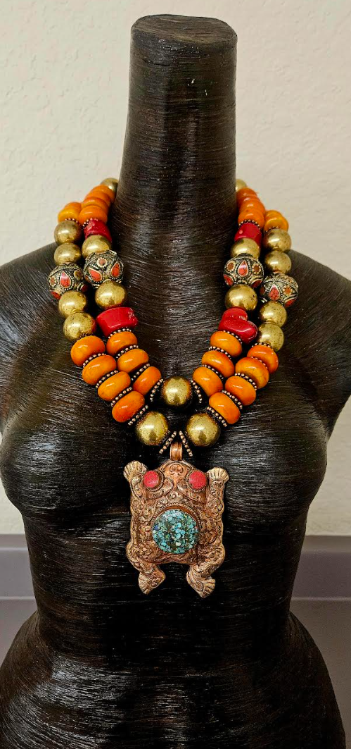 High End Tribal Beaded Statement Necklace Set with Tibetan Repousse Frog Pendant - Orange Gold & Red Luxury Beaded Bib Necklace - Kat Kouture Jewelry