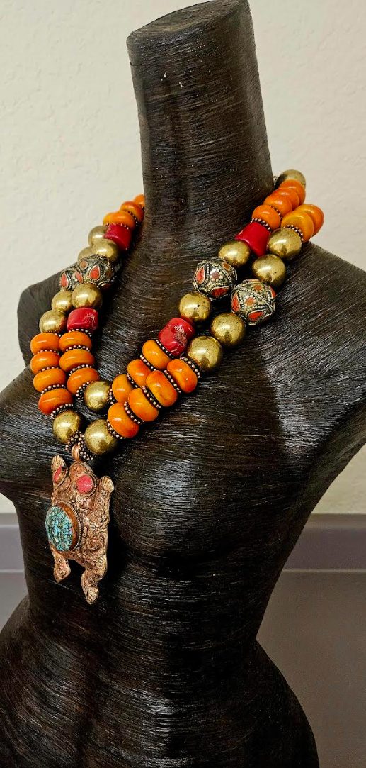 High End Tribal Beaded Statement Necklace Set with Tibetan Repousse Frog Pendant - Orange Gold & Red Luxury Beaded Bib Necklace - Kat Kouture Jewelry