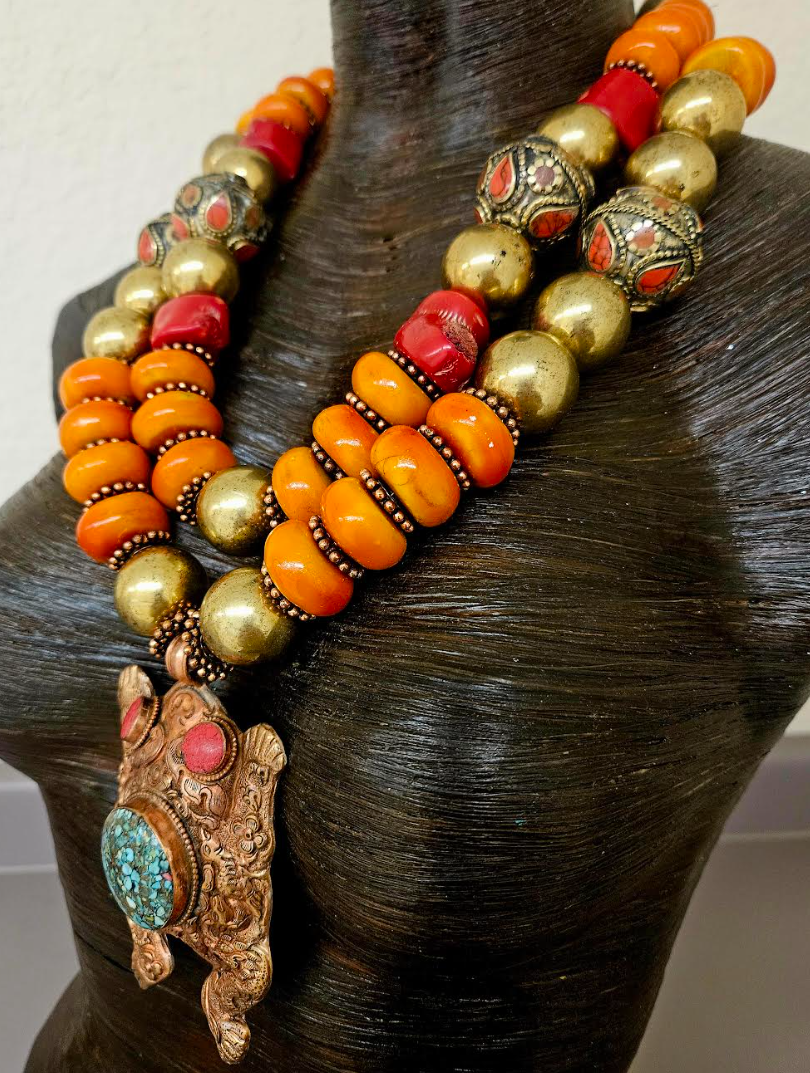 High End Tribal Beaded Statement Necklace Set with Tibetan Repousse Frog Pendant - Orange Gold & Red Luxury Beaded Bib Necklace - Kat Kouture Jewelry