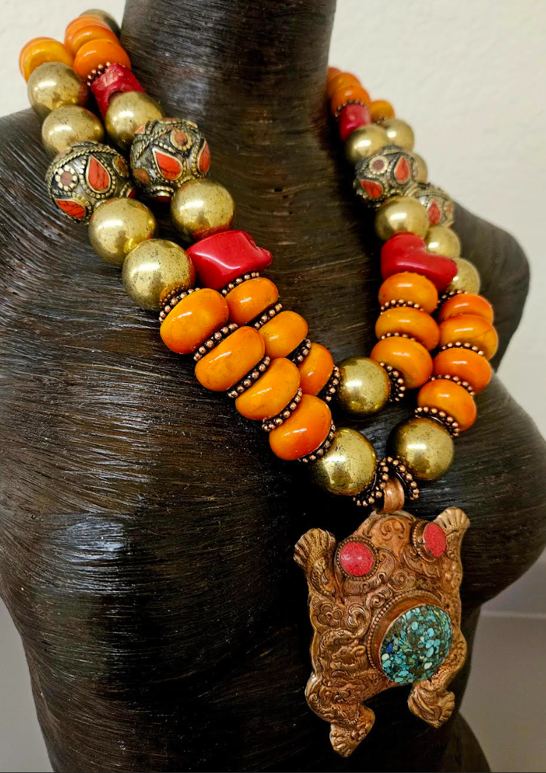 High End Tribal Beaded Statement Necklace Set with Tibetan Repousse Frog Pendant - Orange Gold & Red Luxury Beaded Bib Necklace - Kat Kouture Jewelry