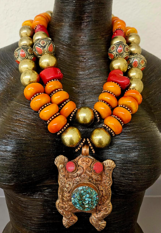 High End Tribal Beaded Statement Necklace Set with Tibetan Repousse Frog Pendant - Orange Gold & Red Luxury Beaded Bib Necklace - Kat Kouture Jewelry