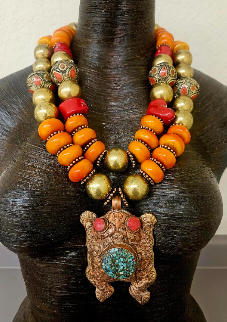 High End Tribal Beaded Statement Necklace Set with Tibetan Repousse Frog Pendant - Orange Gold & Red Luxury Beaded Bib Necklace - Kat Kouture Jewelry