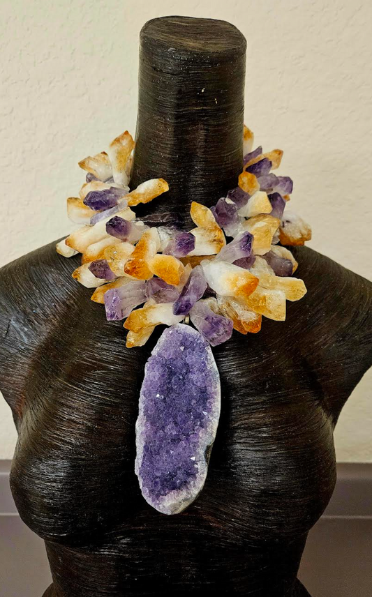 Rough Amethyst & Citrine Massive Crystal Statement Necklace with Amethyst Pendant - High End Purple and Gold Gemstone Neck Candy - OOAK Haute Couture Crystal Choker for Celebrities - Kat Kouture Jewelry