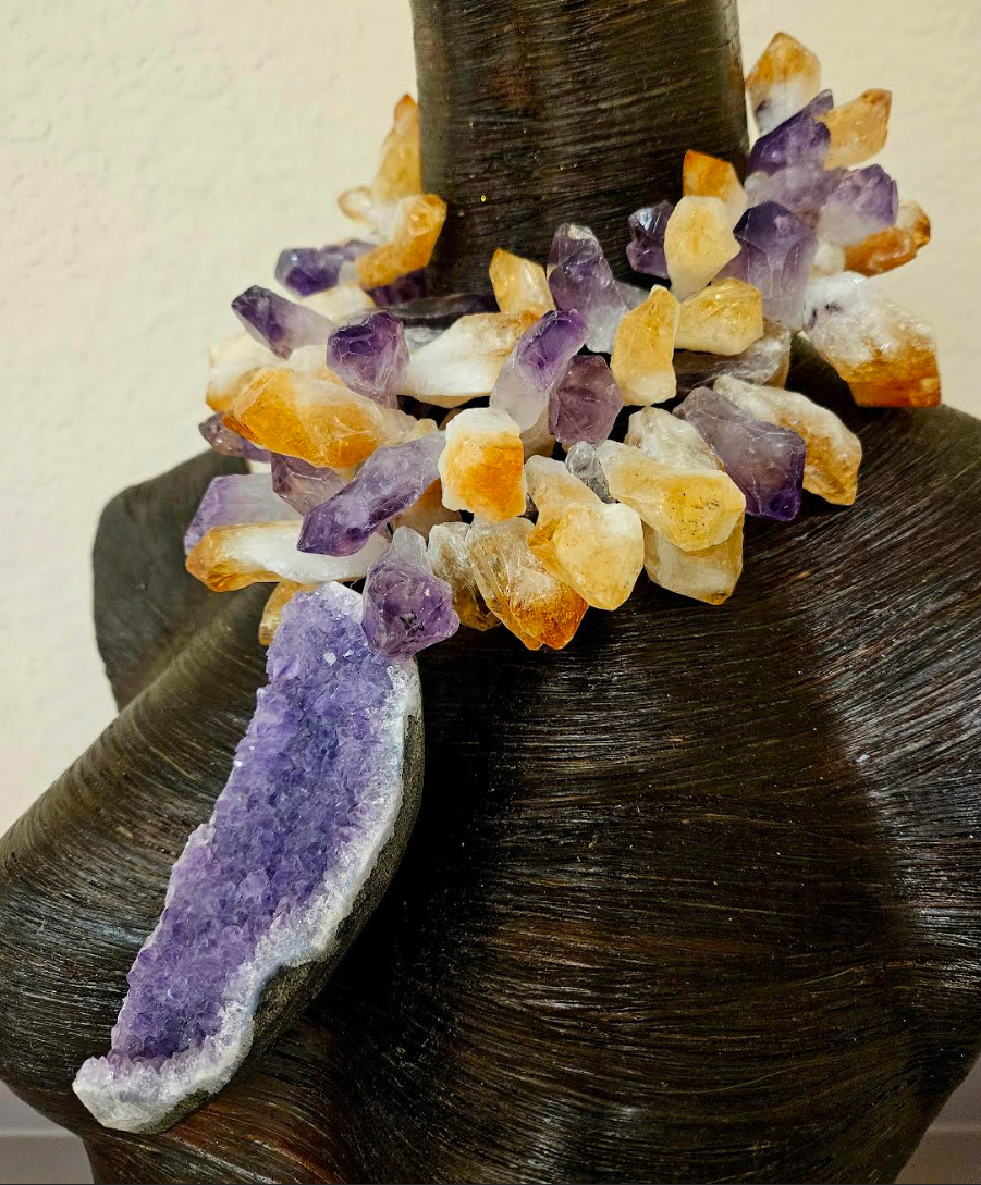 Rough Amethyst & Citrine Massive Crystal Statement Necklace with Amethyst Pendant - High End Purple and Gold Gemstone Neck Candy - OOAK Haute Couture Crystal Choker for Celebrities - Kat Kouture Jewelry