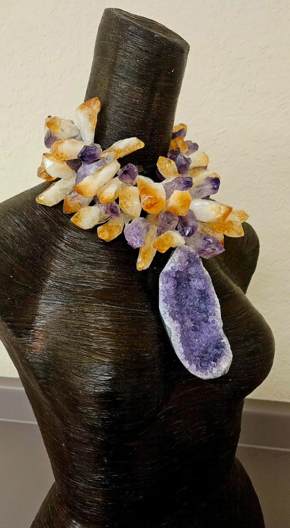 Rough Amethyst & Citrine Massive Crystal Statement Necklace with Amethyst Pendant - High End Purple and Gold Gemstone Neck Candy - OOAK Haute Couture Crystal Choker for Celebrities - Kat Kouture Jewelry