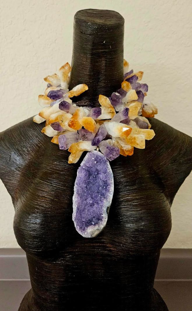 Rough Amethyst & Citrine Massive Crystal Statement Necklace with Amethyst Pendant - High End Purple and Gold Gemstone Neck Candy - OOAK Haute Couture Crystal Choker for Celebrities - Kat Kouture Jewelry