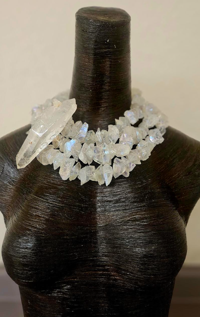 Raw & Rough Aura Quartz Triple Strand Statement Necklace - Haute Couture Crystal Choker with Asymmetrical Quartz Point - Kat Kouture Jewelry