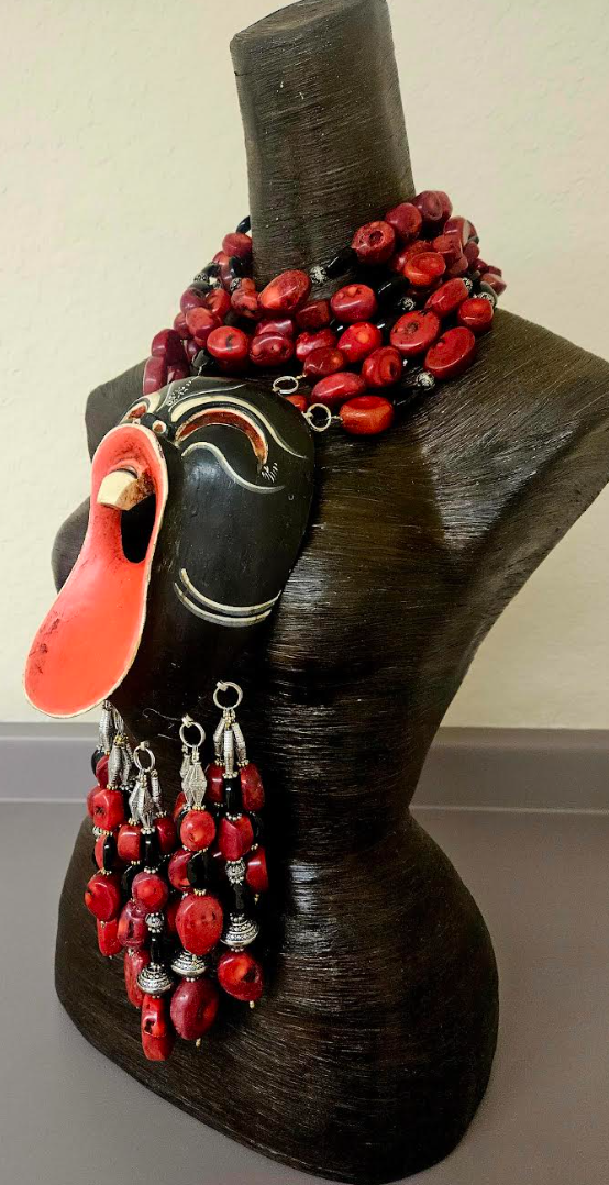 Tribal Beaded Dangle Scream Mask with Red Coral Statement Necklace - Red & Black Haute Couture Bali Mask Ethnic Pendant - OOAK Artisan Jewelry from Kat Kouture Designs