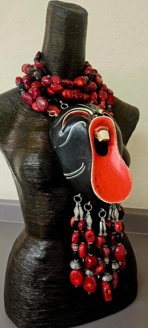 Tribal Beaded Dangle Scream Mask with Red Coral Statement Necklace - Red & Black Haute Couture Bali Mask Ethnic Pendant - OOAK Artisan Jewelry from Kat Kouture Designs