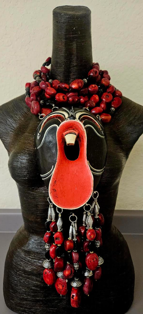 Tribal Beaded Dangle Scream Mask with Red Coral Statement Necklace - Red & Black Haute Couture Bali Mask Ethnic Pendant - OOAK Artisan Jewelry from Kat Kouture Designs