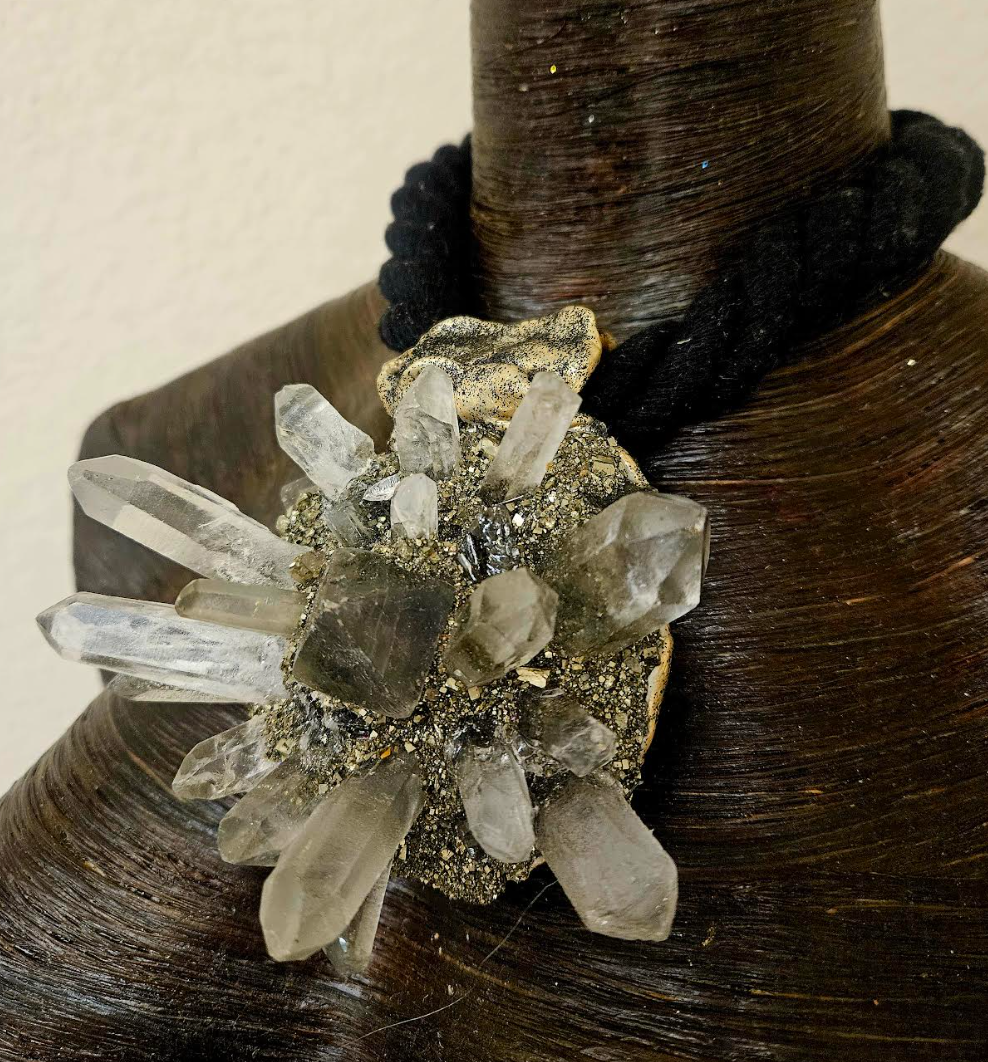 Spiky Quartz Pyrite and Fluorite Pendant on a Black Rope - Edgy Dramatic Mixed Gemstone Amulet - Kat Kouture Jewelry - Unisex Crystal Sculpted Talisman