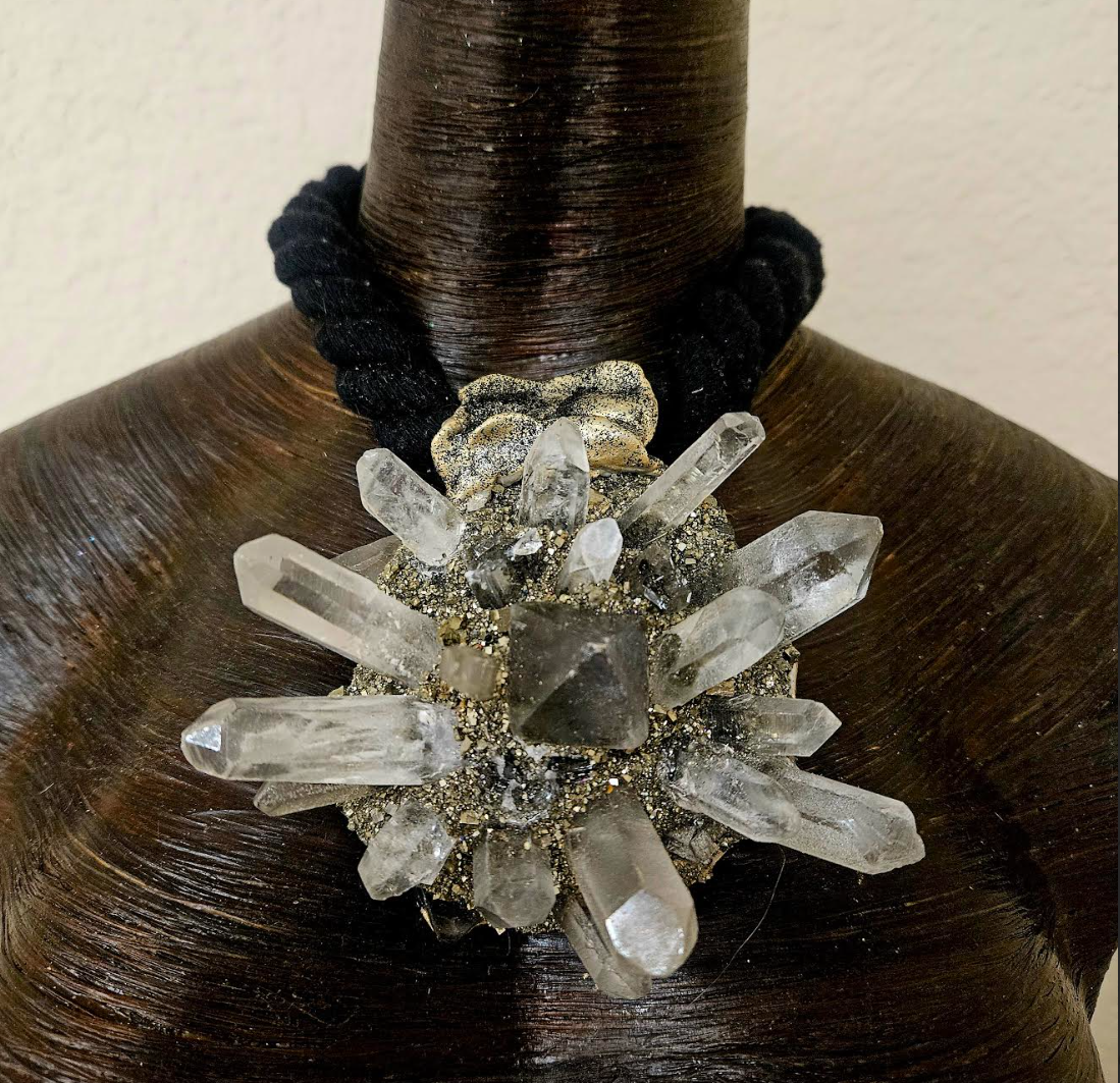 Spiky Quartz Pyrite and Fluorite Pendant on a Black Rope - Edgy Dramatic Mixed Gemstone Amulet - Kat Kouture Jewelry - Unisex Crystal Sculpted Talisman