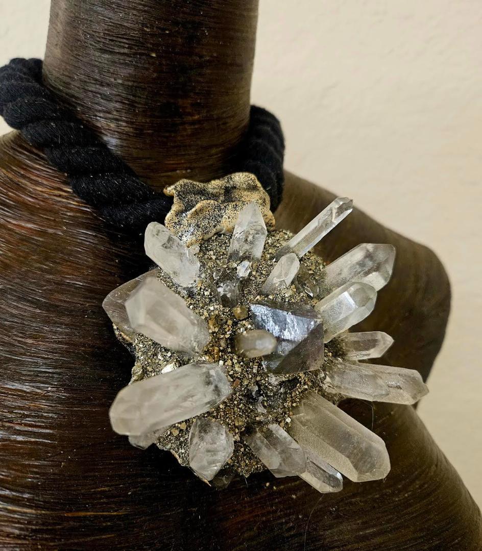 Spiky Quartz Pyrite and Fluorite Pendant on a Black Rope - Edgy Dramatic Mixed Gemstone Amulet - Kat Kouture Jewelry - Unisex Crystal Sculpted Talisman