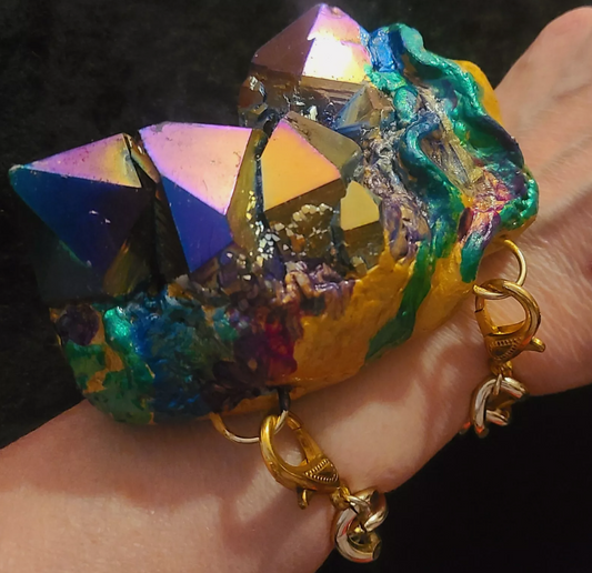 Titanium Quartz Sculpted Bracelet with Gold Tone Chain Cuff - Jewel Tone Rough Gemstone Bangle - Rainbow Quartz Oversized Bracelet - Kat Kouture Jewelry