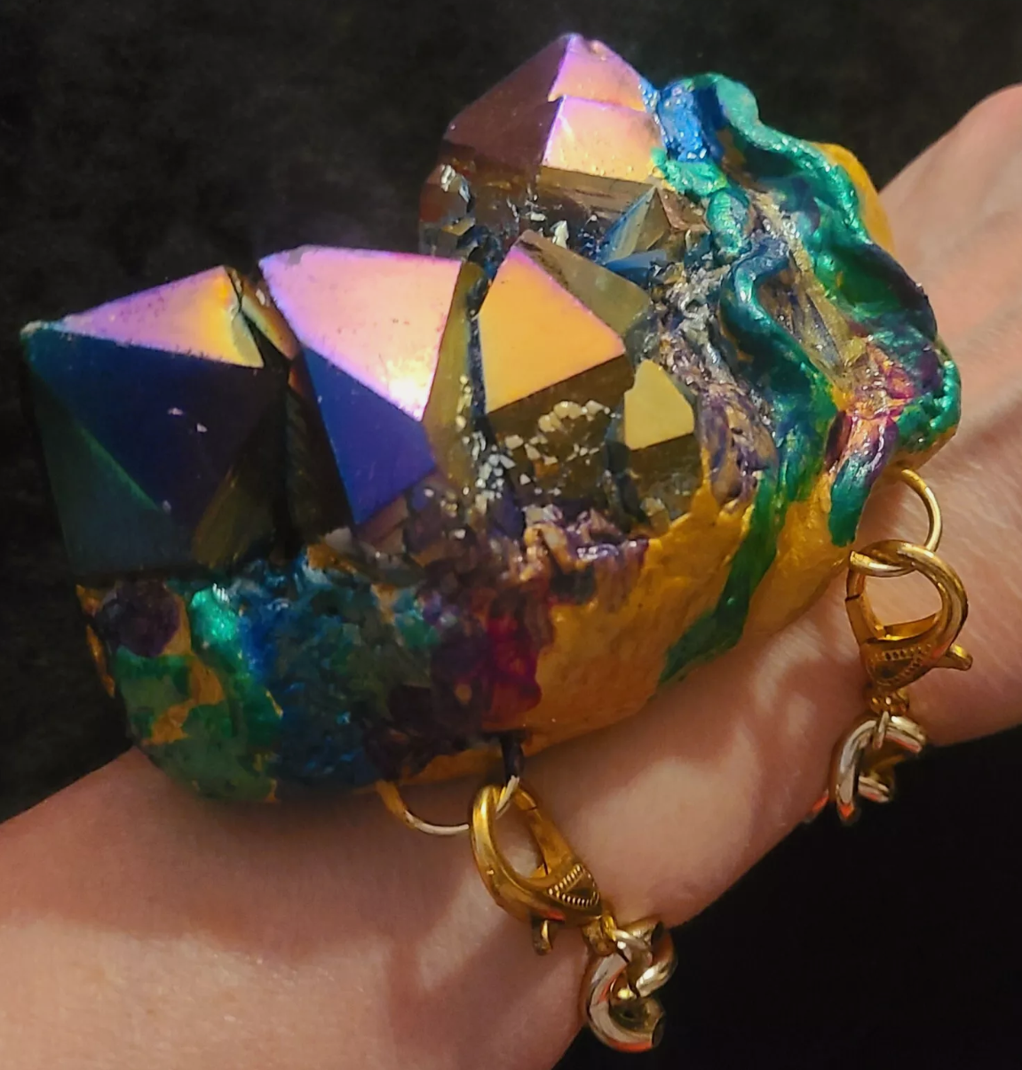 Titanium Quartz Sculpted Bracelet with Gold Tone Chain Cuff - Jewel Tone Rough Gemstone Bangle - Rainbow Quartz Oversized Bracelet - Kat Kouture Jewelry