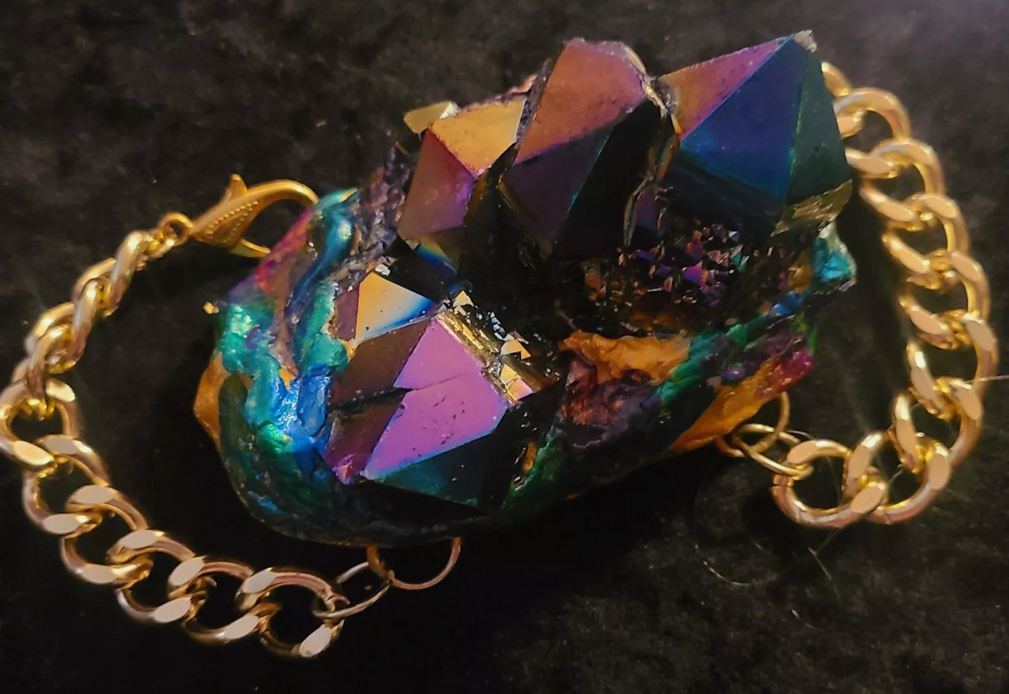 Titanium Quartz Sculpted Bracelet with Gold Tone Chain Cuff - Jewel Tone Rough Gemstone Bangle - Rainbow Quartz Oversized Bracelet - Kat Kouture Jewelry