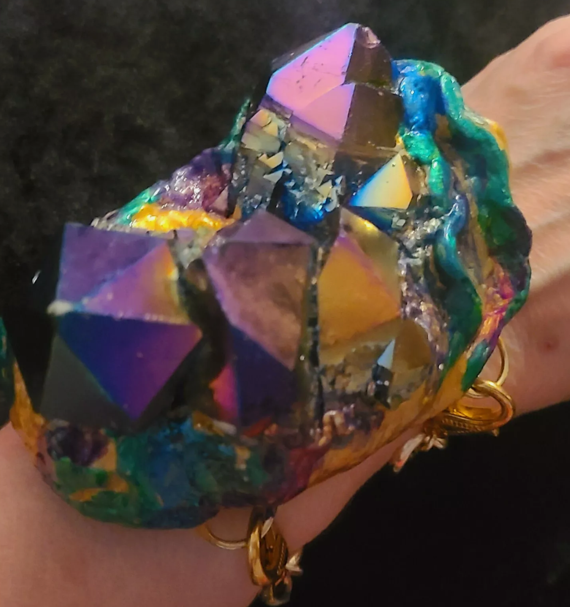 Titanium Quartz Sculpted Bracelet with Gold Tone Chain Cuff - Jewel Tone Rough Gemstone Bangle - Rainbow Quartz Oversized Bracelet - Kat Kouture Jewelry