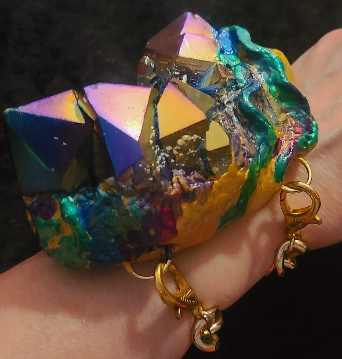 Titanium Quartz Sculpted Bracelet with Gold Tone Chain Cuff - Jewel Tone Rough Gemstone Bangle - Rainbow Quartz Oversized Bracelet - Kat Kouture Jewelry