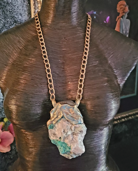 Rough Chrysocolla Unisex Sculpted Pendant with Textured Chain - Green Beige & Gray Raw Rough Stone Amulet for Men - Kat Kouture Jewelry