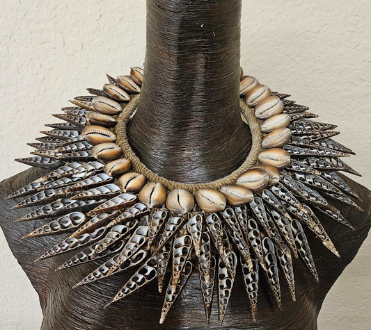 Brown Shell Tribal Necklace PAPUA NEW GUINEA - Braided Rope Ceremonial Sea Shell Chest Piece - Exotic Wild Ethnic Shell Room Decor - Kat Kouture Jewelry