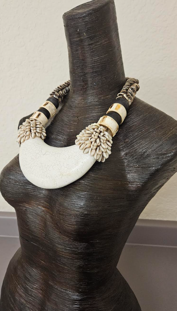 Bone & Shell Ethnic Necklace PAPUA NEW GUINEA - Tribal Couture White & Brown Bold Chest Piece - Kat Kouture Jewelry