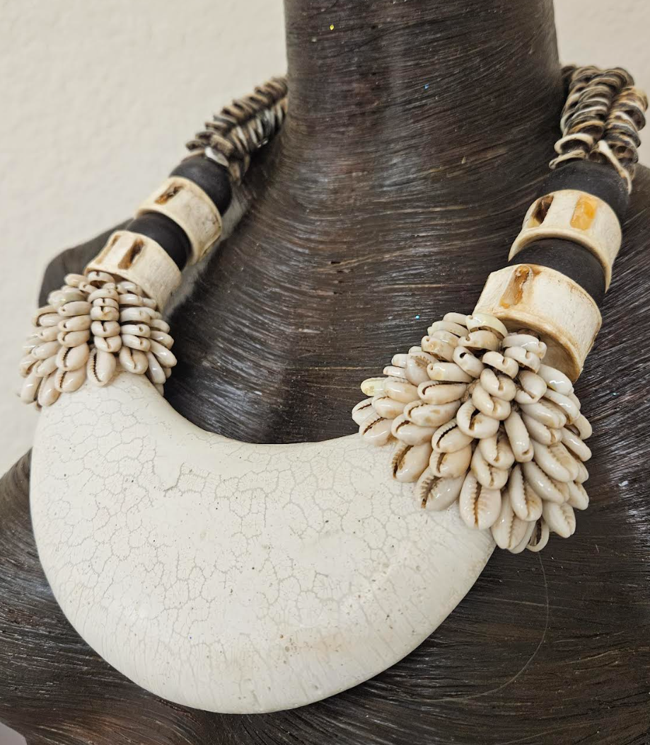 Bone & Shell Ethnic Necklace PAPUA NEW GUINEA - Tribal Couture White & Brown Bold Chest Piece - Kat Kouture Jewelry