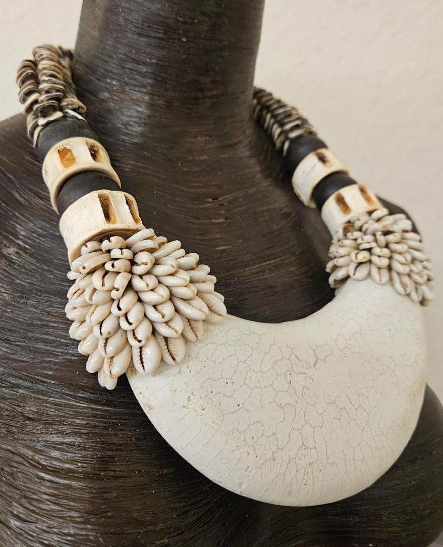 Bone & Shell Ethnic Necklace PAPUA NEW GUINEA - Tribal Couture White & Brown Bold Chest Piece - Kat Kouture Jewelry