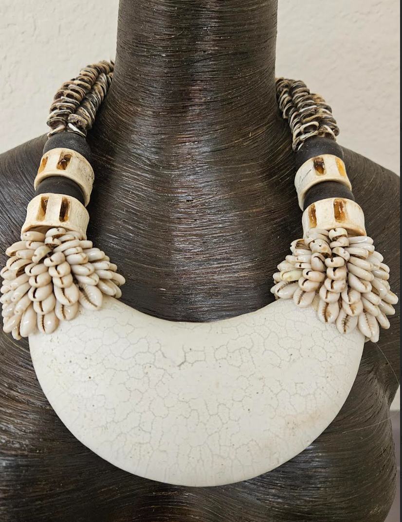 Bone & Shell Ethnic Necklace PAPUA NEW GUINEA - Tribal Couture White & Brown Bold Chest Piece - Kat Kouture Jewelry