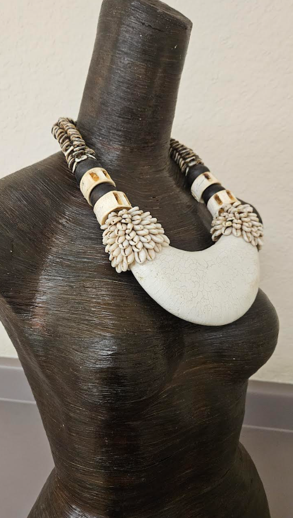 Bone & Shell Ethnic Necklace PAPUA NEW GUINEA - Tribal Couture White & Brown Bold Chest Piece - Kat Kouture Jewelry