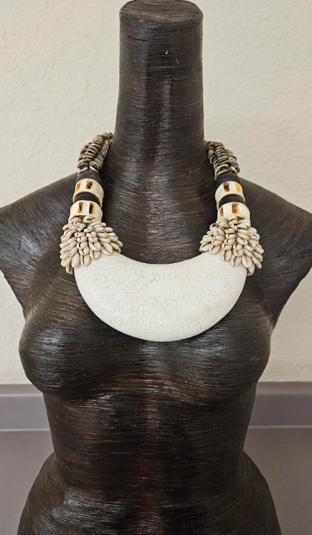 Bone & Shell Ethnic Necklace PAPUA NEW GUINEA - Tribal Couture White & Brown Bold Chest Piece - Kat Kouture Jewelry