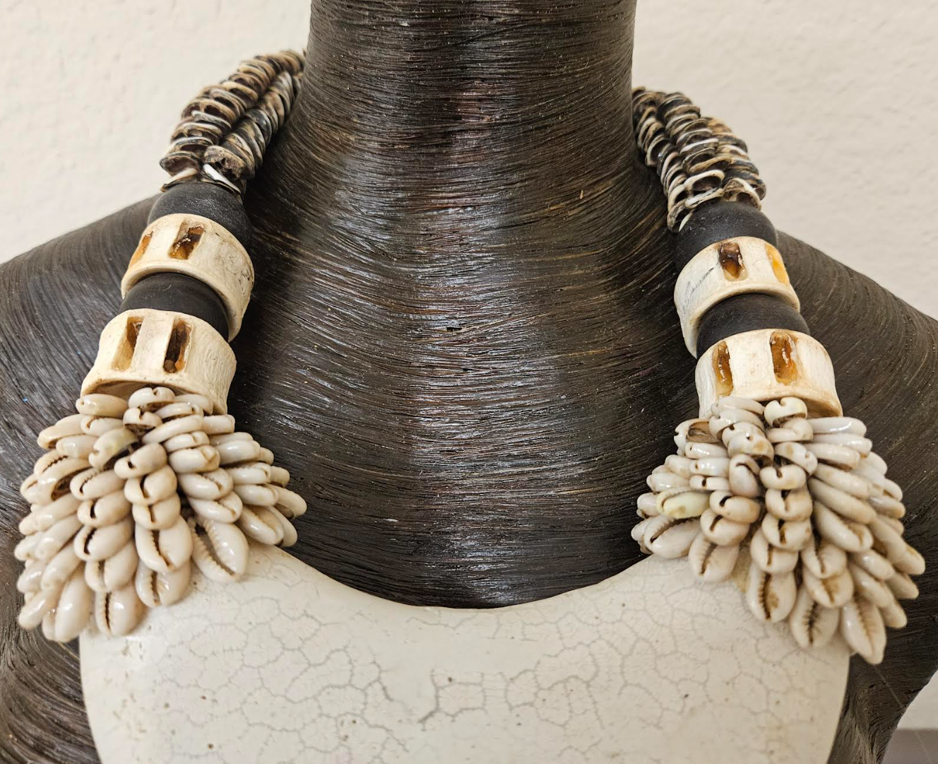 Bone & Shell Ethnic Necklace PAPUA NEW GUINEA - Tribal Couture White & Brown Bold Chest Piece - Kat Kouture Jewelry