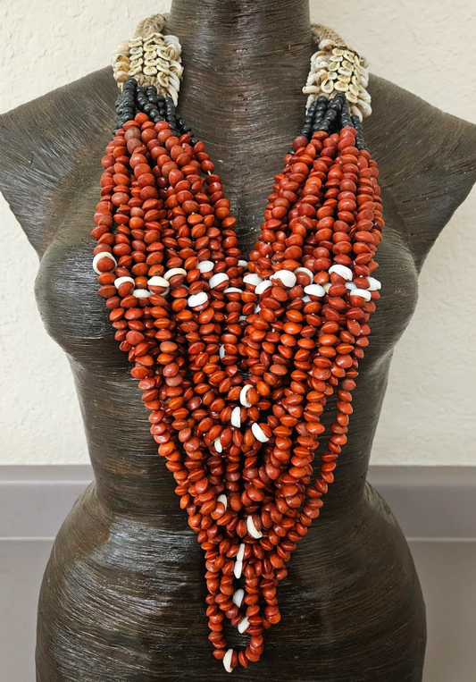 PAPUA NEW GUINEA Shell & Abrus Massive Multi Strand Beaded Chest Piece - Unisex Ethnic Tribal Primitive Tropical Statement Necklace - Kat Kouture Jewelry