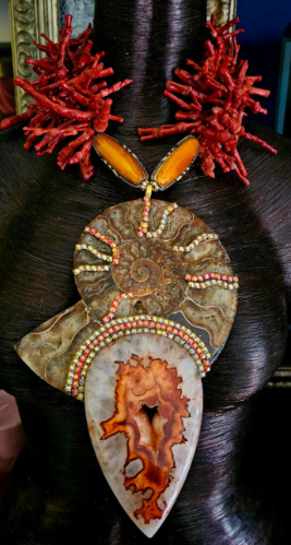 Ammonite Fossil & Druzy Agate Pendant With Coral Necklace - High End OOAK Wearable Art Chest Piece - Autumn Breast Plate Accessory for Celebrity Stylists - Kat Kouture Jewelry