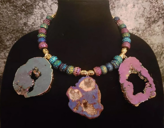 Jewel Tone Druzy Slice Torc - Titanium Quartz Rainbow Multi Pendant Neck Ring - Jeans Jewelry - Kat Kouture Jewelry