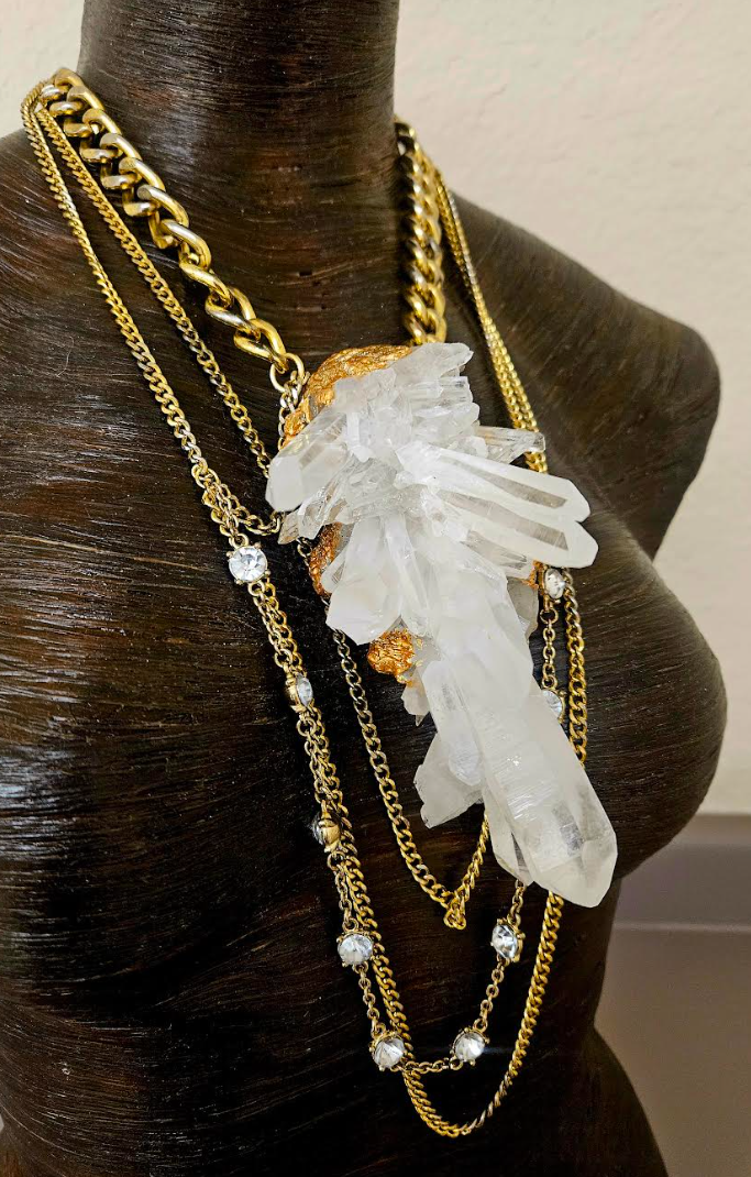 Luxury Rough Quartz Sculpted Statement Pendant with Chains - Raw Gemmy Luxury Crystal Gemstone Chest Piece - Wearable Art Jewelry from Kat Kouture