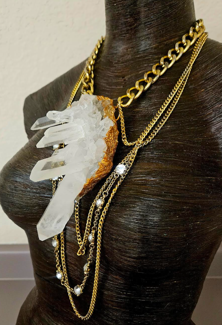 Luxury Rough Quartz Sculpted Statement Pendant with Chains - Raw Gemmy Luxury Crystal Gemstone Chest Piece - Wearable Art Jewelry from Kat Kouture