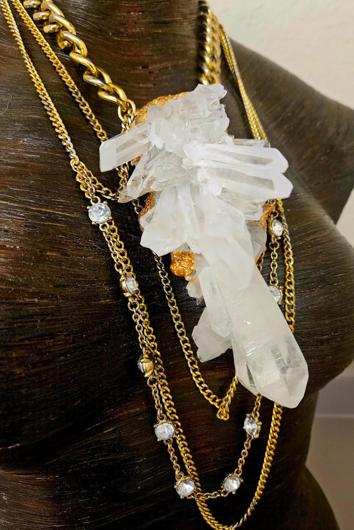 Luxury Rough Quartz Sculpted Statement Pendant with Chains - Raw Gemmy Luxury Crystal Gemstone Chest Piece - Wearable Art Jewelry from Kat Kouture