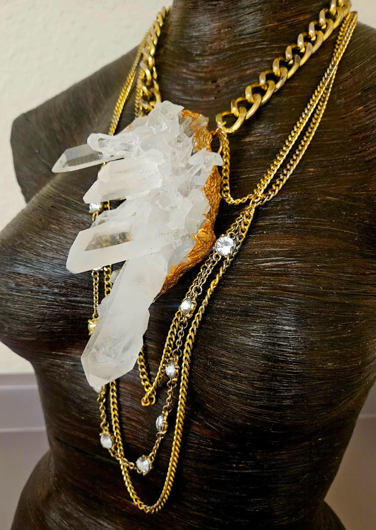 Luxury Rough Quartz Sculpted Statement Pendant with Chains - Raw Gemmy Luxury Crystal Gemstone Chest Piece - Wearable Art Jewelry from Kat Kouture