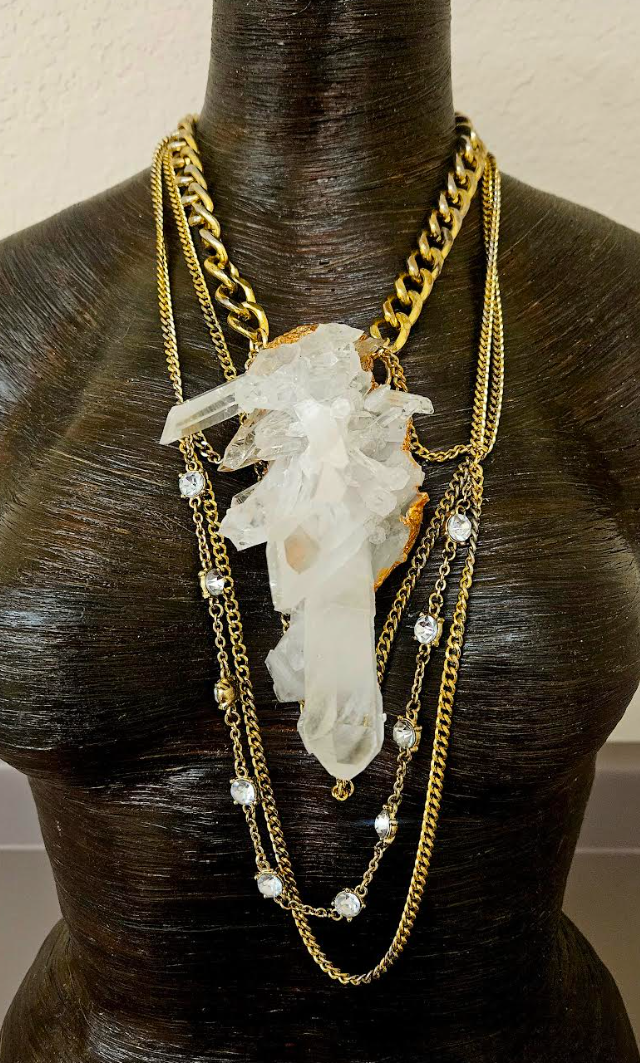 Luxury Rough Quartz Sculpted Statement Pendant with Chains - Raw Gemmy Luxury Crystal Gemstone Chest Piece - Wearable Art Jewelry from Kat Kouture