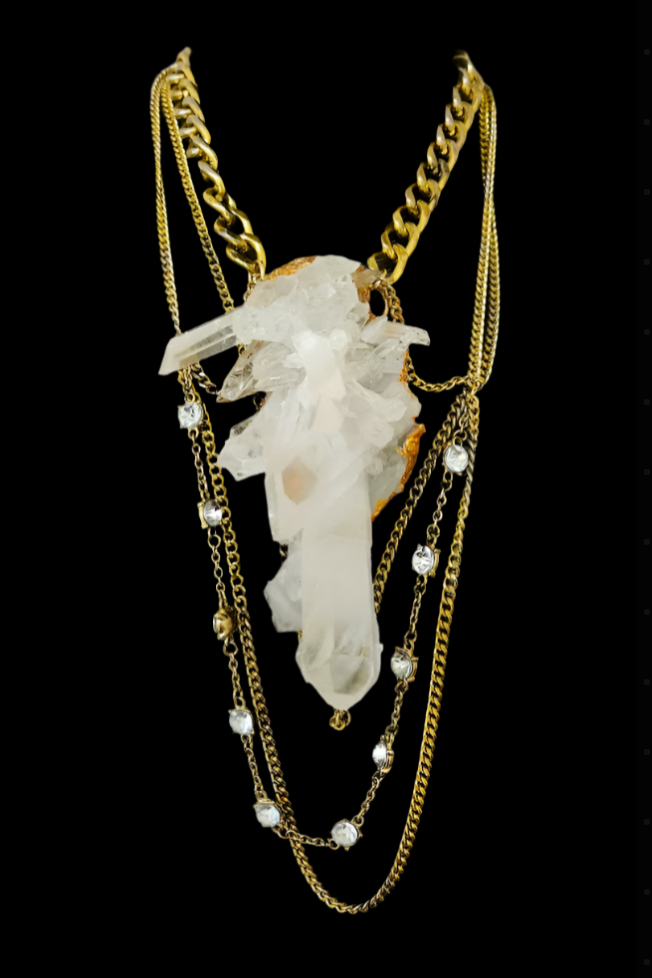 Luxury Rough Quartz Sculpted Statement Pendant with Chains - Raw Gemmy Luxury Crystal Gemstone Chest Piece - Wearable Art Jewelry from Kat Kouture