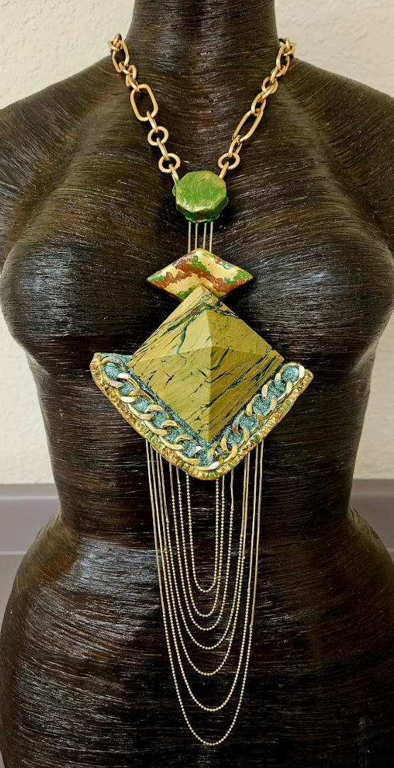 Art Deco Pyramid Chest Piece with Waterfall Chains - Yellow Green & Gold Gatsby Inspired Sculpted Statement Pendant - Wearable Art Jewelry from Kat Kouture