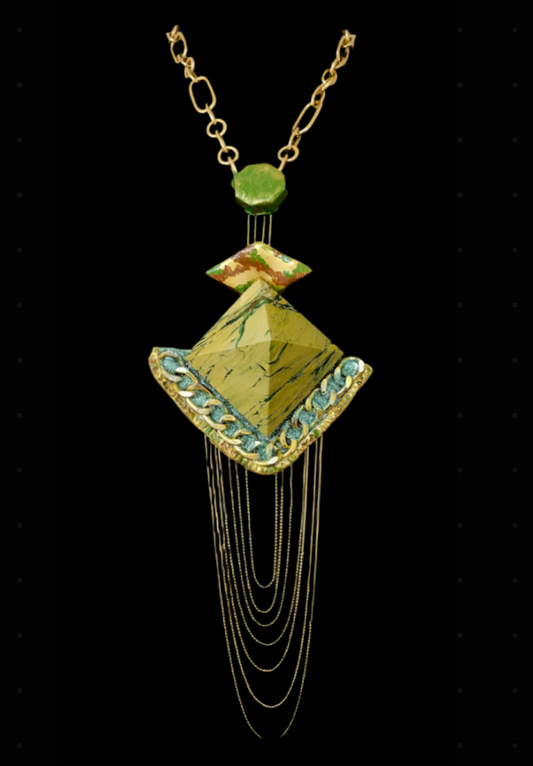 Art Deco Pyramid Chest Piece with Waterfall Chains - Yellow Green & Gold Gatsby Inspired Sculpted Statement Pendant - Wearable Art Jewelry from Kat Kouture