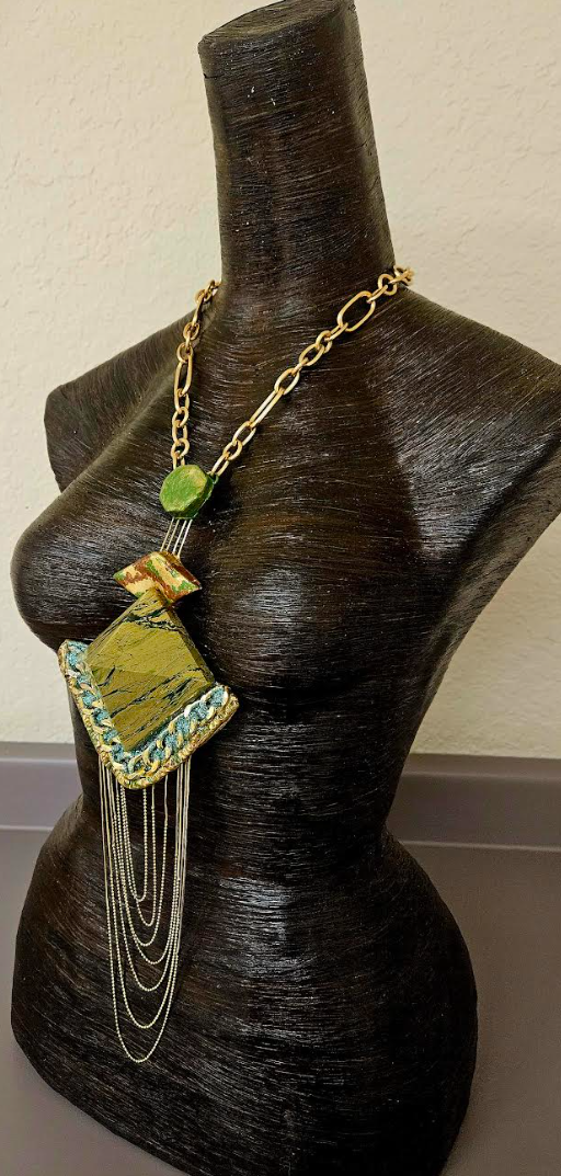 Art Deco Pyramid Chest Piece with Waterfall Chains - Yellow Green & Gold Gatsby Inspired Sculpted Statement Pendant - Wearable Art Jewelry from Kat Kouture