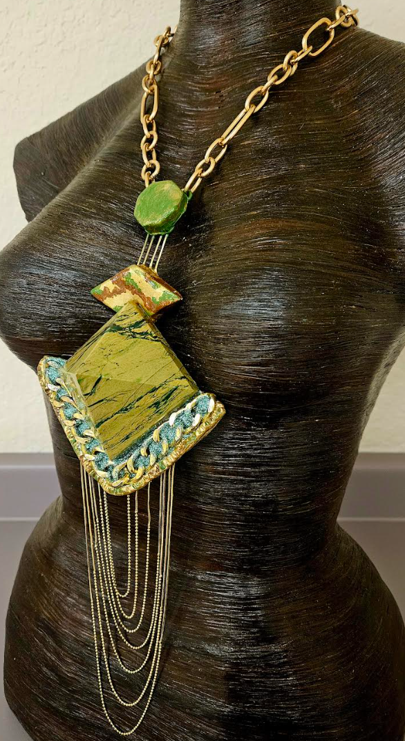 Art Deco Pyramid Chest Piece with Waterfall Chains - Yellow Green & Gold Gatsby Inspired Sculpted Statement Pendant - Wearable Art Jewelry from Kat Kouture